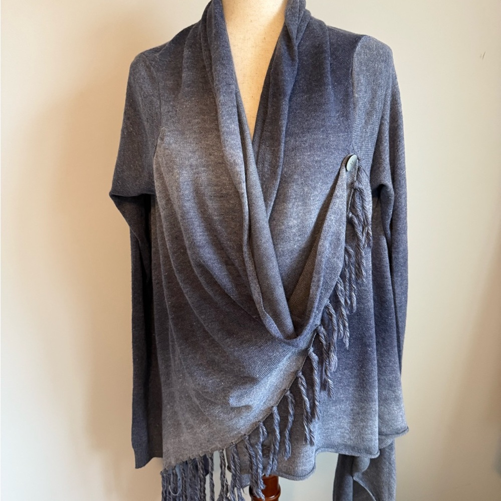 Love Stitch Blue Front fringe wrap sweater